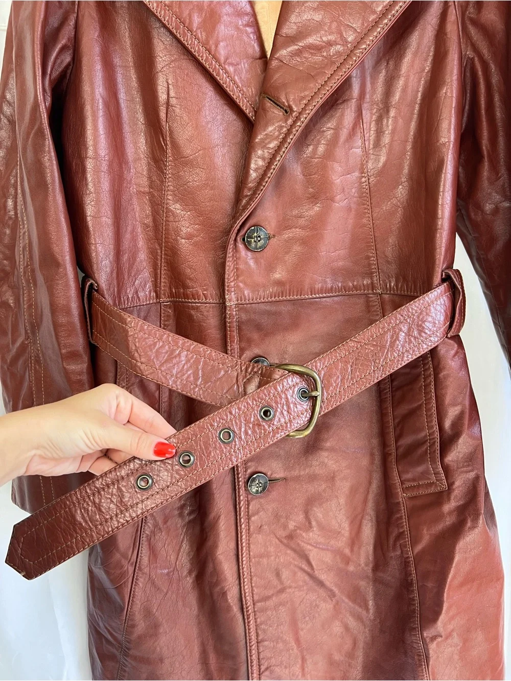 Vintage Lakeland Leather Trench Coat 42 Long Cognac Brown Belted Large